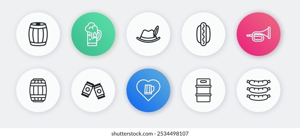 Set line Heart with glass of beer, Trumpet, Wooden barrel, Metal keg, Hotdog sandwich, Oktoberfest hat, Sausage and Beer can icon. Vector