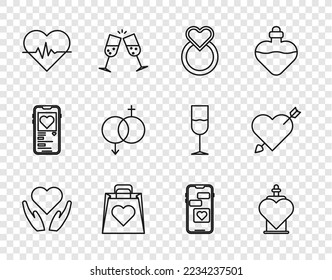 Set line Heart in hand, Bottle with love potion, Wedding rings, Shopping bag heart, rate, Gender, Mobile and Amour arrow icon. Vector