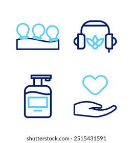 Set line Heart in hand, Bottle of liquid soap, Headphones for meditation and Vacuum cans icon. Vector