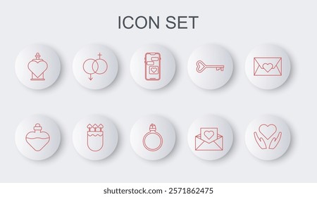 Set line Heart in hand, Bottle with love potion, Mobile heart, Envelope Valentine, Gender, Quiver arrows and Diamond engagement ring icon. Vector