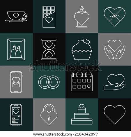 Set line Heart, in hand, Bottle with love potion, the center hourglass, Picture frame, Coffee cup heart and Wedding cake icon. Vector