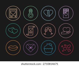Set line Heart, in hand, Broken heart, Envelope with Valentine, Photo frames hearts, Glass of champagne and shape light bulb icon. Vector