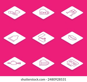 Corazón en la mano, Caja en forma de corazón de caramelo, Vaso de champán, Condón, Anillo de compromiso de diamantes, Labios sonrientes, Amor con flecha e icono. Vector