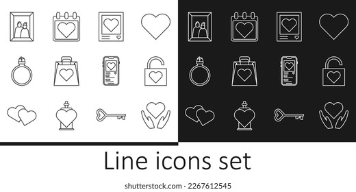 Fijar la línea Corazón en la mano, Bloquear corazón, Marcos de fotos, Bolsa de compras con, Anillo de compromiso de diamantes, Imagen, Móvil y Calendario icono. Vector