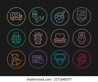 Set Line Heart In Hand, Male Doctor, Donation Food, Animal Shelter House, Hand Holding Earth Globe, Humanitarian Truck, Charity And Blood Donation Icon. Vector