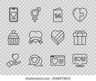 Set line Heart in hand, Speech bubble with I love you, Greeting card, speech, Online dating app chat, Dating online and Gift box icon. Vector