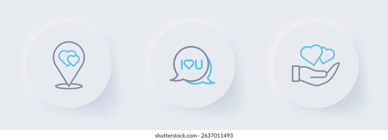 Set line Heart in hand, Speech bubble text I love you and Location with heart icon. Vector