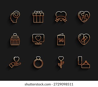 Corazón en mano, anillos de boda, cabeza con corazón, forma de flor, compromiso de diamantes, como, curado roto e icono de tarjeta de felicitación. Vector
