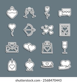 Set line Heart in hand, Wine glass, Photo frames hearts, Flower rose, Bow arrow, Balloon form of, Bottle with love potion and  icon. Vector