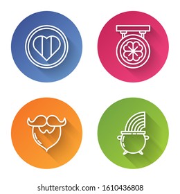 Set line Heart and Happy Saint Patrick day, Street signboard with four leaf clover, Mustache and beard and Witch cauldron and rainbow. Color circle button. Vector