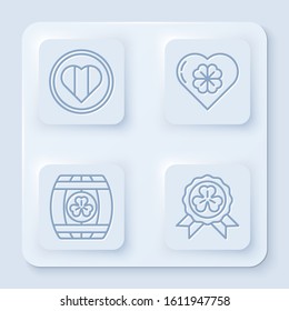 Set line Heart and Happy Saint Patrick day, Heart with four leaf clover, Wooden barrel with four leaf clover and Medal with four leaf clover. White square button. Vector