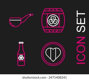 Set line Heart and Happy Saint Patrick day, Beer bottle with four leaf clover, Wooden barrel and Smoking pipe icon. Vector