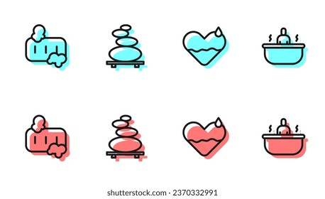 Set line Heart heal, Bar of soap with foam, Stack hot stones and Bathtub icon. Vector