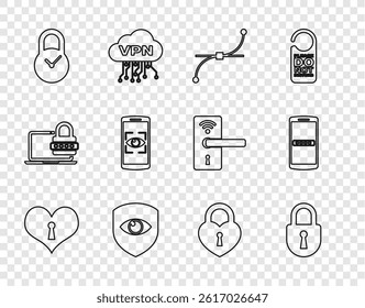 Set line Heart with keyhole, Lock, Bezier curve, Shield and eye, Padlock clock, Mobile scan, Castle in the shape of heart and password icon. Vector - Powered by Shutterstock - Get 15% off with code: PIKWIZARD15