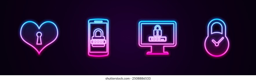 Definir a linha Coração com fechadura, Móvel e senha, Monitor e relógio Padlock. Ícone de néon brilhante. Vetor