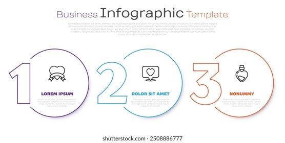 Set line Heart, Like and heart and Bottle with love potion. Business infographic template. Vector