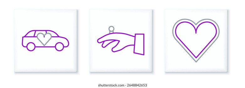 Set line Heart, Limousine car and Wedding rings on hand icon. Vector