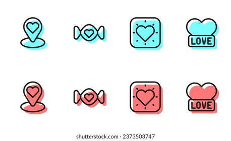 Set line Heart, Location with heart, Candy and  icon. Vector