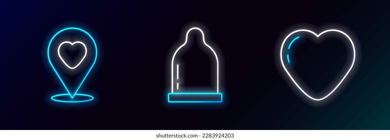 Legen Sie die Linie Herz, Ort mit Herz und Kondom Symbol. Neon leuchtend. Vektorgrafik