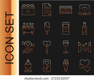 Set-Linie Herz, Liebe auf den ersten Blick, Weinflasche, Spielvideo mit Herz, Eiscreme, Romantisches Badezimmer, Kalender und Mobile-Symbol. Vektorgrafik