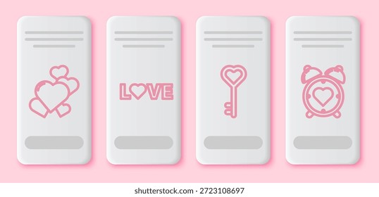 Establecer línea Corazón, texto de amor, llave en forma de corazón y corazón en el reloj despertador central. Botón rectángulo blanco. Vector