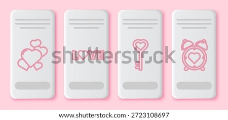 Set line Heart, Love text, Key in heart shape and Heart in the center alarm clock. White rectangle button. Vector