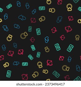 Set line Heart, Mobile with heart, Wedding rings and Bow and arrow on seamless pattern. Vector