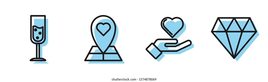 Set line Heart on hand, Glass of champagne, Map pointer with heart and Diamond icon. Vector