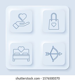 Set line Heart on hand, Shopping bag with heart, Bedroom and Bow and arrow. White square button. Vector