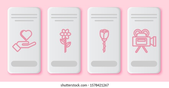 Set line Heart on hand, Flower, Flower rose and Cinema camera. White rectangle button. Vector