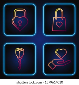 Set line Heart on hand, Flower rose, Castle in the shape of a heart and Shopping bag with heart. Gradient color icons. Vector