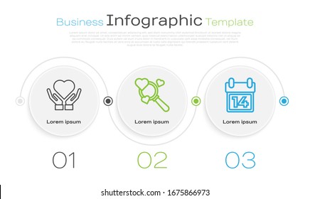 Set line Heart on hand, Search heart and love and Calendar with February 14. Business infographic template. Vector