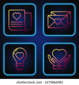 Fije la línea Corazón a mano, Forma Corazón en una bombilla, Sobre con el corazón y sobre de San Valentín con el corazón de San Valentín. Iconos de color degradado. Vector