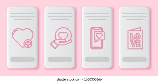 Set line Heart, Heart on hand, Smartphone with heart speech bubble and Valentines day party flyer. White rectangle button. Vector