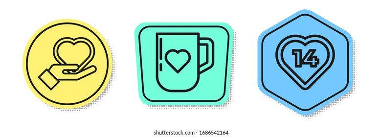 Set line Heart on hand, Coffee cup and heart and Heart. Colored shapes. Vector