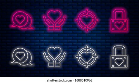 Set line Heart on hand, Heart in the center of darts target aim, Heart in speech bubble and Lock and heart. Glowing neon icon on brick wall. Vector