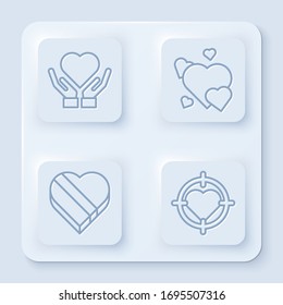 Set line Heart on hand, Heart, Candy in heart shaped box and Heart in the center of darts target aim. White square button. Vector