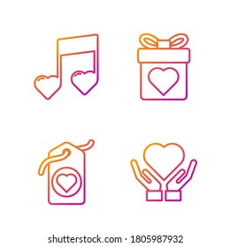 Set line Heart on hand, Heart tag, Music note, tone with hearts and Gift box with heart. Gradient color icons. Vector