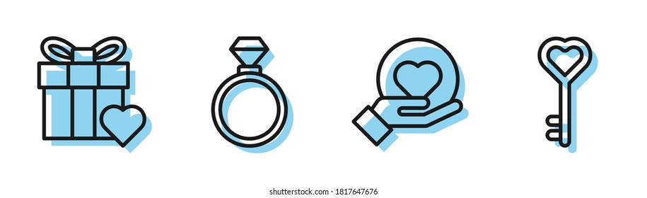Set line Heart on hand, Gift box and heart, Wedding rings and Key in heart shape icon. Vector