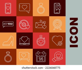Set line Heart on hand, in the center of darts target aim, Wedding rings, Romantic music, Speech bubble with I love you, Mobile phone heart and Envelope icon. Vector