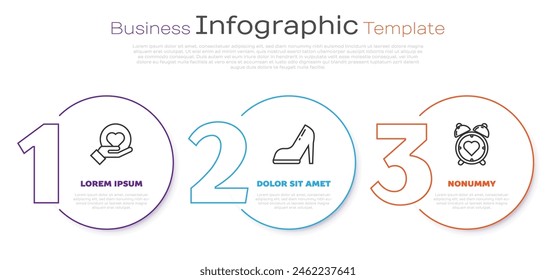 Set line Heart on hand, Woman shoe with high heel and Heart in the center alarm clock. Business infographic template. Vector