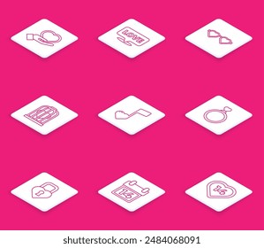 Corazón en la mano, Burbuja del habla con el amor del texto, gafas en forma, en la jaula del pájaro, nota de la música, corazones del tono, anillos de boda, castillo de y el icono del calendario 14 de febrero. Vector