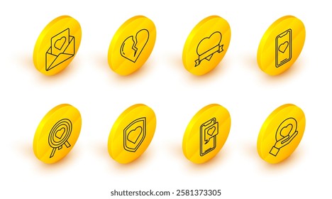 Set line Heart on hand, Smartphone with heart speech bubble, shield, in the center of darts target aim, Mobile, ribbon, Broken or divorce and Envelope icon. Vector