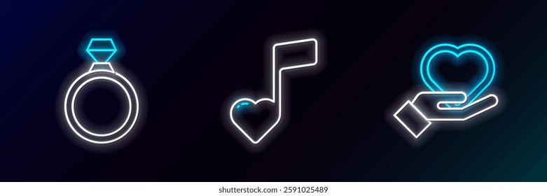Set line Heart on hand, Diamond engagement ring and Music note, tone with hearts icon. Glowing neon. Vector