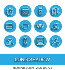Set line Heart on hand, Bottle of shampoo, Stopwatch, Aroma lamp, Water drop, Lemon, Apple in and Citrus fruit icon. Vector
