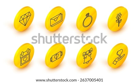 Set line Heart on hand, Ringing bell, Two coffee cup heart, Calendar with, Flower, Diamond engagement ring, Envelope Valentine and  icon. Vector
