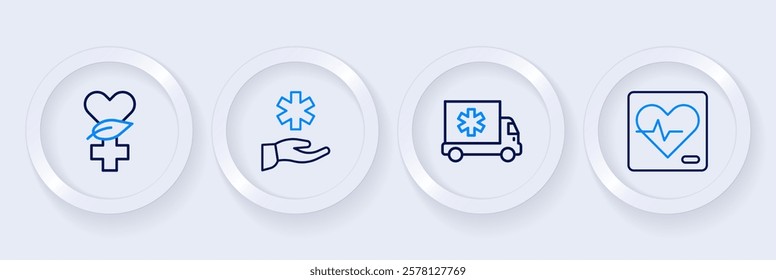 Set line Heart rate, Ambulance car, Cross hospital medical and Ethnoscience icon. Vector