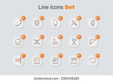 Set line Heart rate, Bowling pin, Basketball ball, Billiard pool snooker, Checkered flag, Whistle, Award cup and Skates icon. Vector