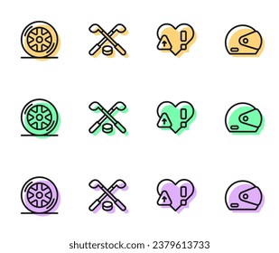 Set line Heart rate, Car wheel, Ice hockey sticks and puck and Racing helmet icon. Vector