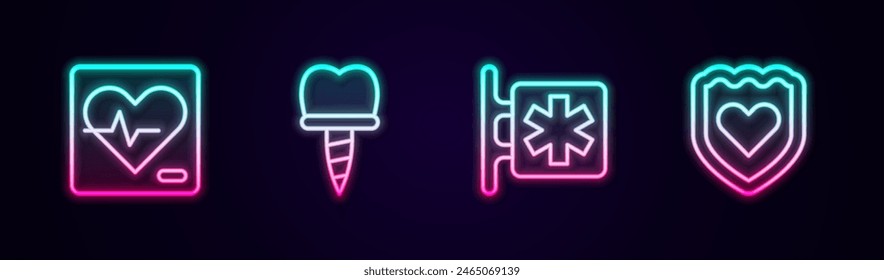 Set line Heart rate, Dental implant, Emergency - Star of Life and Immune system. Glowing neon icon. Vector